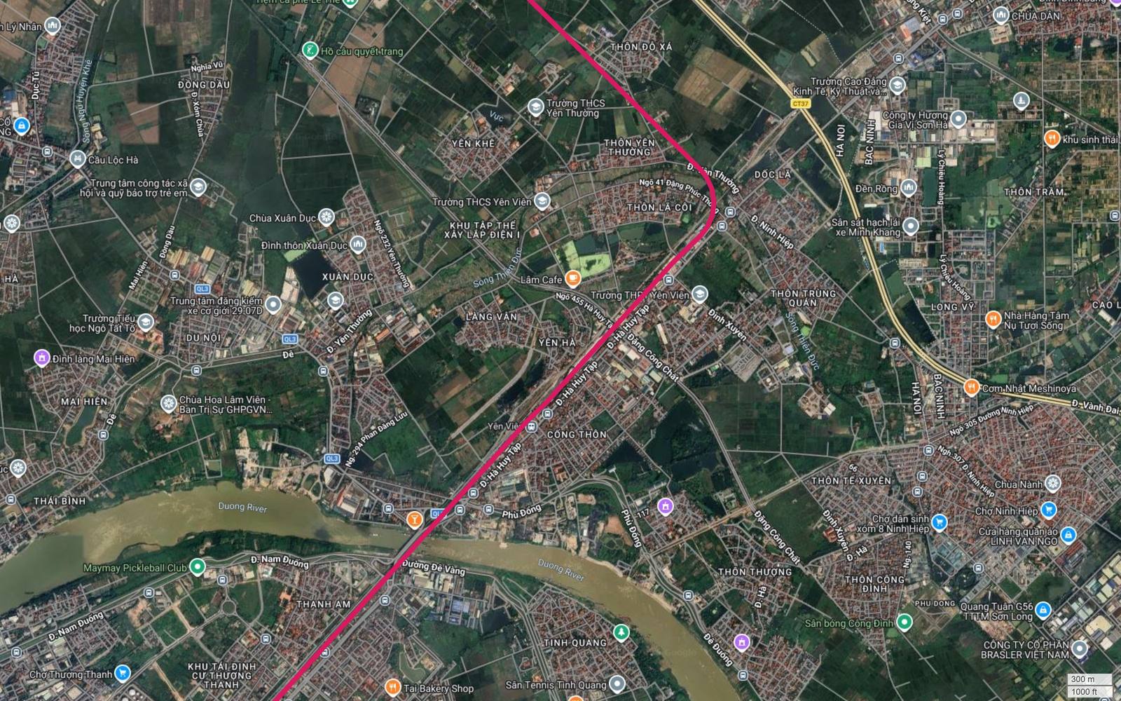 Ảnh vệ tinh khu vực Yên Viên nơi hành lang metro số 1 cắt Quốc lộ 3 và Quốc lộ 1 gần ga Yên Viên