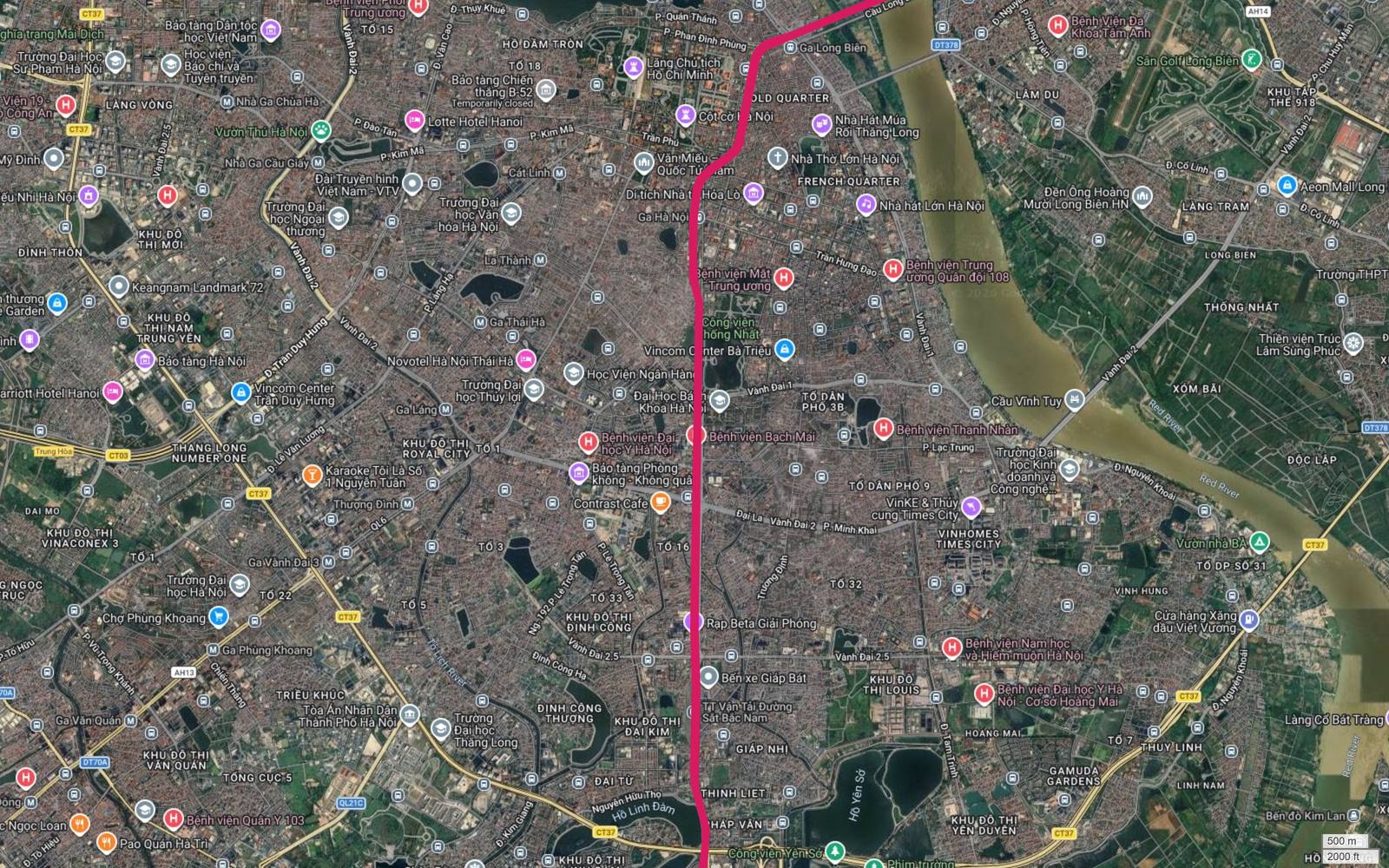 Ảnh vệ tinh trục Giải Phóng nơi tuyến metro số 1 cắt Vành đai 2 tại Đại La Minh Khai và Vành đai 2,5 tại Định Công