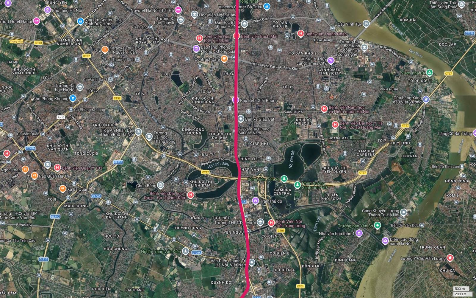 Ảnh vệ tinh nút giao Vành đai 3 tại Pháp Vân với công viên Yên Sở và hồ Yên Sở cạnh hành lang metro số 1